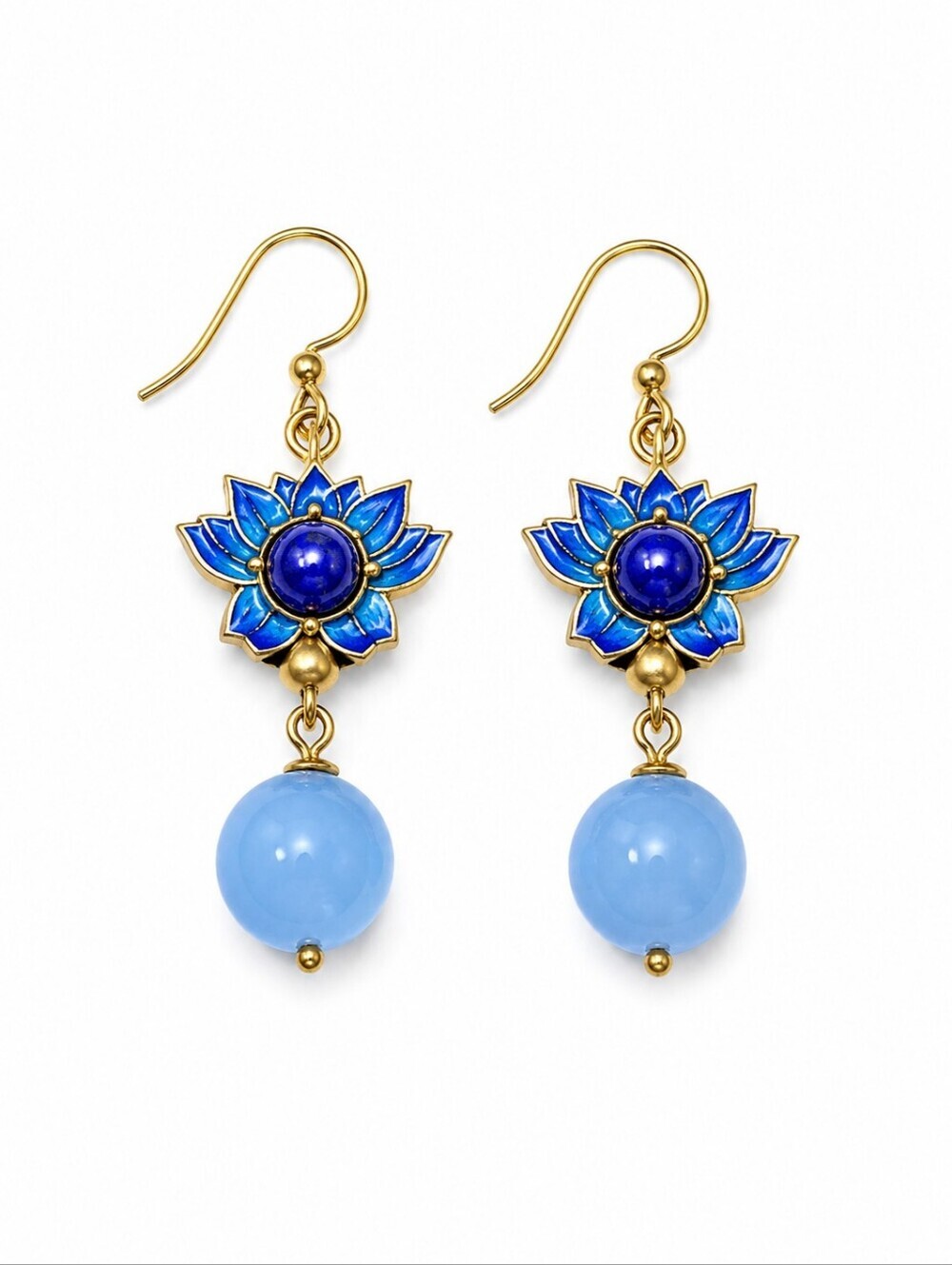 handmade Glass Beaded Cloissine Lotus Dangle Hook Earrings